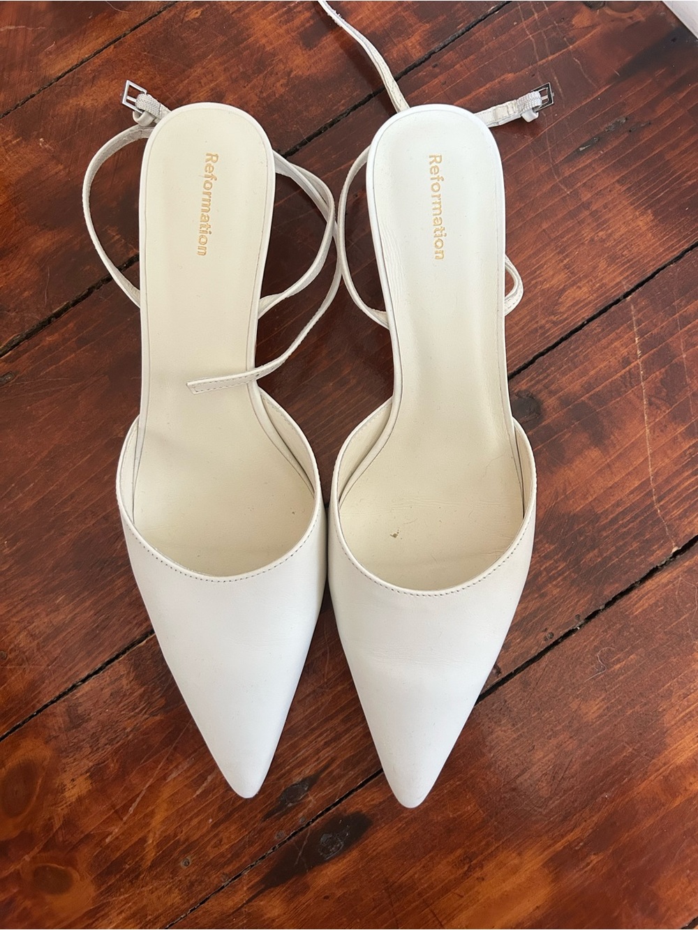 Reformation White Pointed-Toe Slingback Kitten Heels